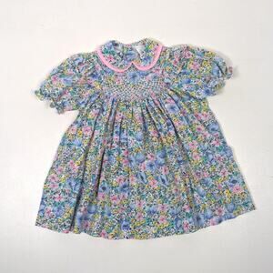 Vintage Jo Joe Dress Girls Size 3 Floral Smocked Party Peter Pan Collar